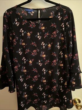 Apt. 9 Black Floral Ruffle-Sleeve Blouse
